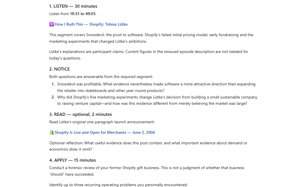A Founder OS Shopify assignment with listening, reflection, reading, and application prompts.